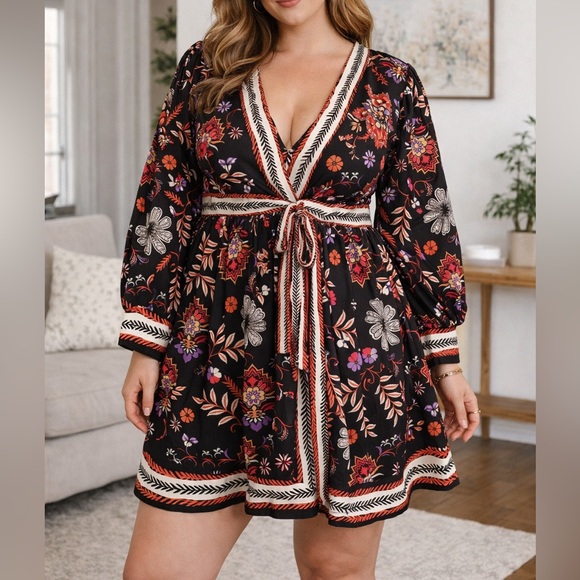 Multicolor Floral Long Sleeve Wrap Dress - Picture 1 of 8
